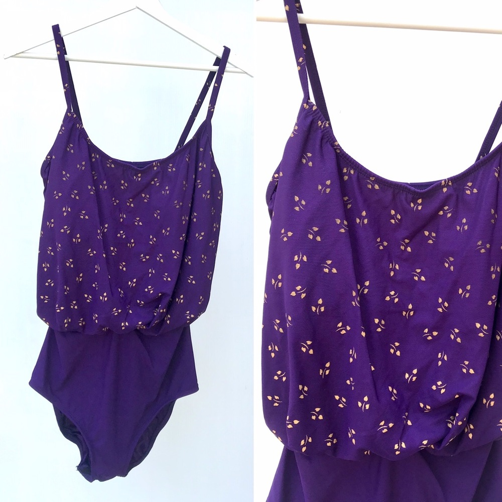 Vintage 80’s purple & gold leaves one piece swimsuit bathing suit